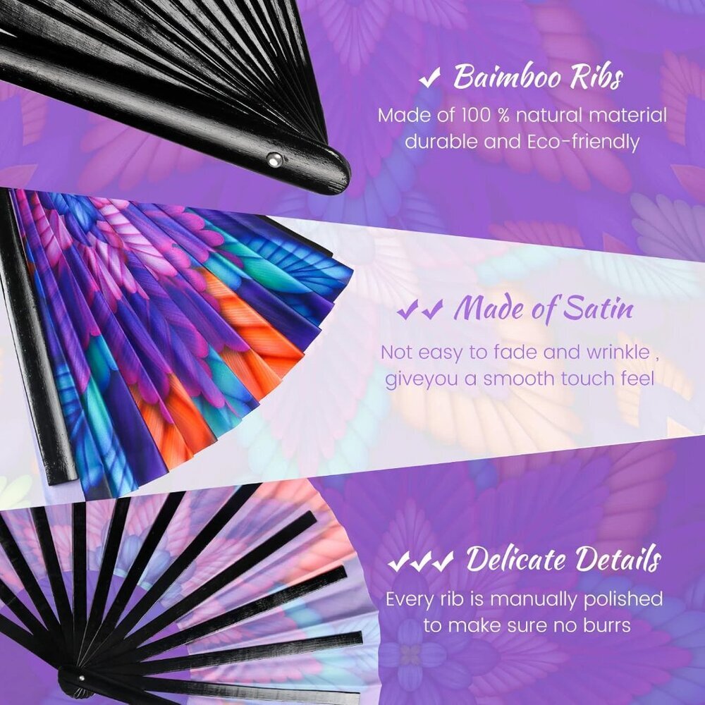 Folding Hand Fan for Rave, UV Glow Fan, Large Bamboo Fan for Drag Queen, Women a - Picture 3 of 8